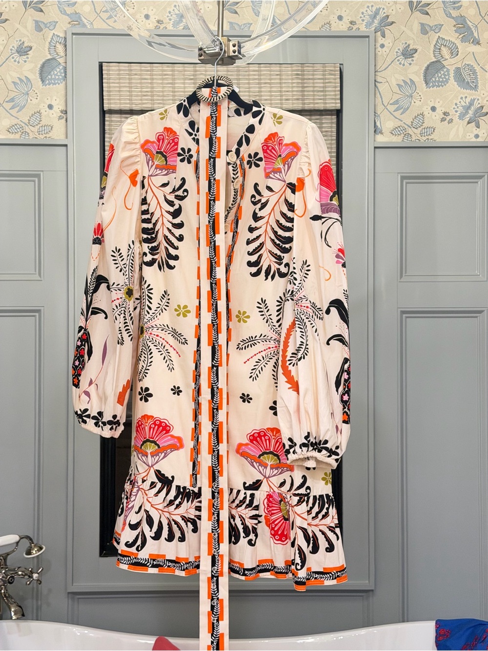 Floral Pop Long-Sleeve Mini Dress in Cream and Multicolor